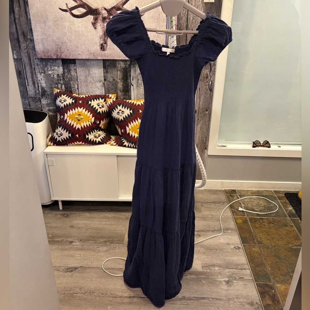 LoveShackFancy Navy Puff-Sleeve Tiered Maxi Dress